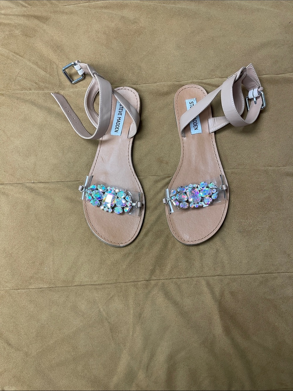 Steve Madden Beige Ankle-Strap Sandals with Iridescent Jewel Accent